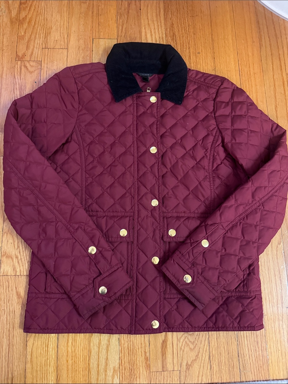 J. Crew Quilted Wine Red Puffer Jacket with Black Cord Collar